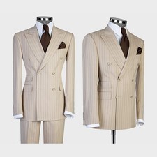 Business Mens Suit Stripe Slim Fit Peak Lapel Groom Prom Outwear Double Breasted
