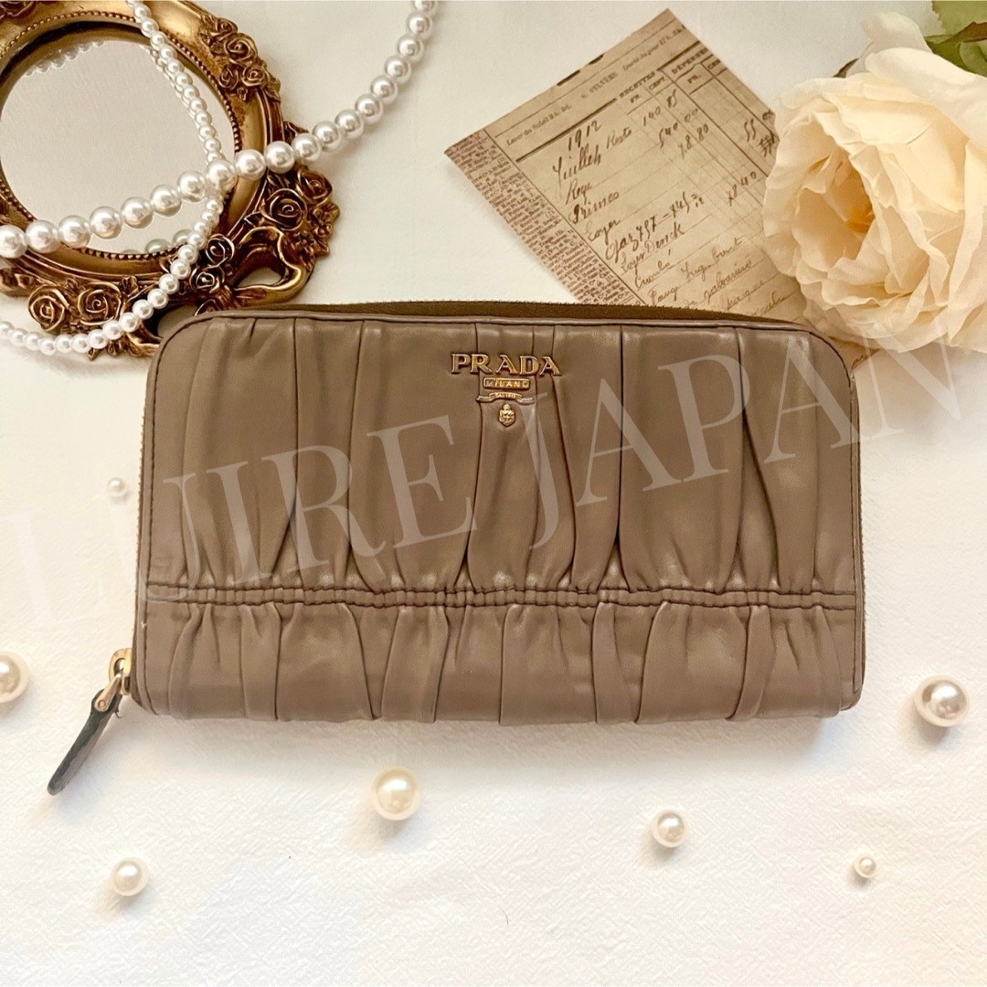 Prada Gathered Long Wallet in Greige with Gold Logo for Adults  