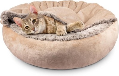 Small Dog Cat Bed With Hooded Blanket, Cozy Cuddler Luxury Puppy Pet Donut Round