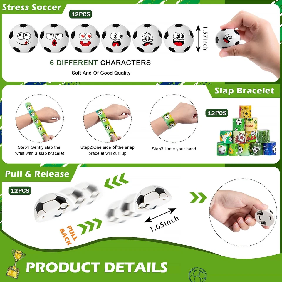 Juego de 122 piezas de favoritos de fiesta de fútbol para niños que incluye bolsas, pelotas de estrés, coches, Wris... Foto 4 de 4