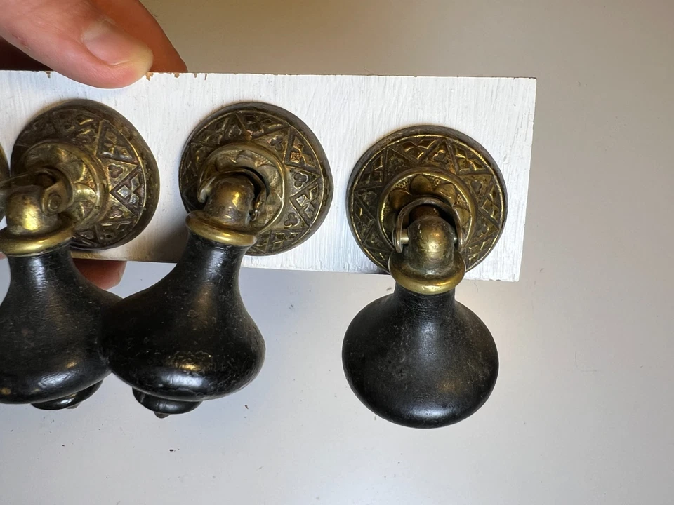 Set 5 Antique Drop Drawer Pulls Brass Black Wood Teardrop Victorian / Edwardian - Image 3 of 4