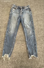 American Eagle Women's Blue Strigid Distressed Mom Jeans Ripped Frayed Hem Sz 0