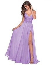 V Neck Spaghetti Straps Prom Dress Chiffon Long Formal Lilac