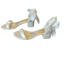 Bridal Block Heels Women's 10 White Satin Pearl Style Ankle Straps Ribbon Bows