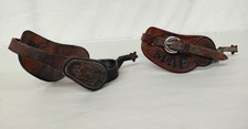 Vintage Handmade Dark-Oil Floral Tooled Leather Western Spurs - Marked MAE