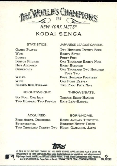 2023 Topps Allen & Ginter X #257 Kodai Senga New York Mets Rookie - Image 2 of 2