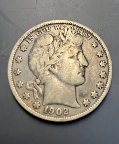 1902-P 50C BARBER HALF DOLLAR, AVERAGE STRIKE & WEAR, NO MAJOR MARKS, GRAY COLOR