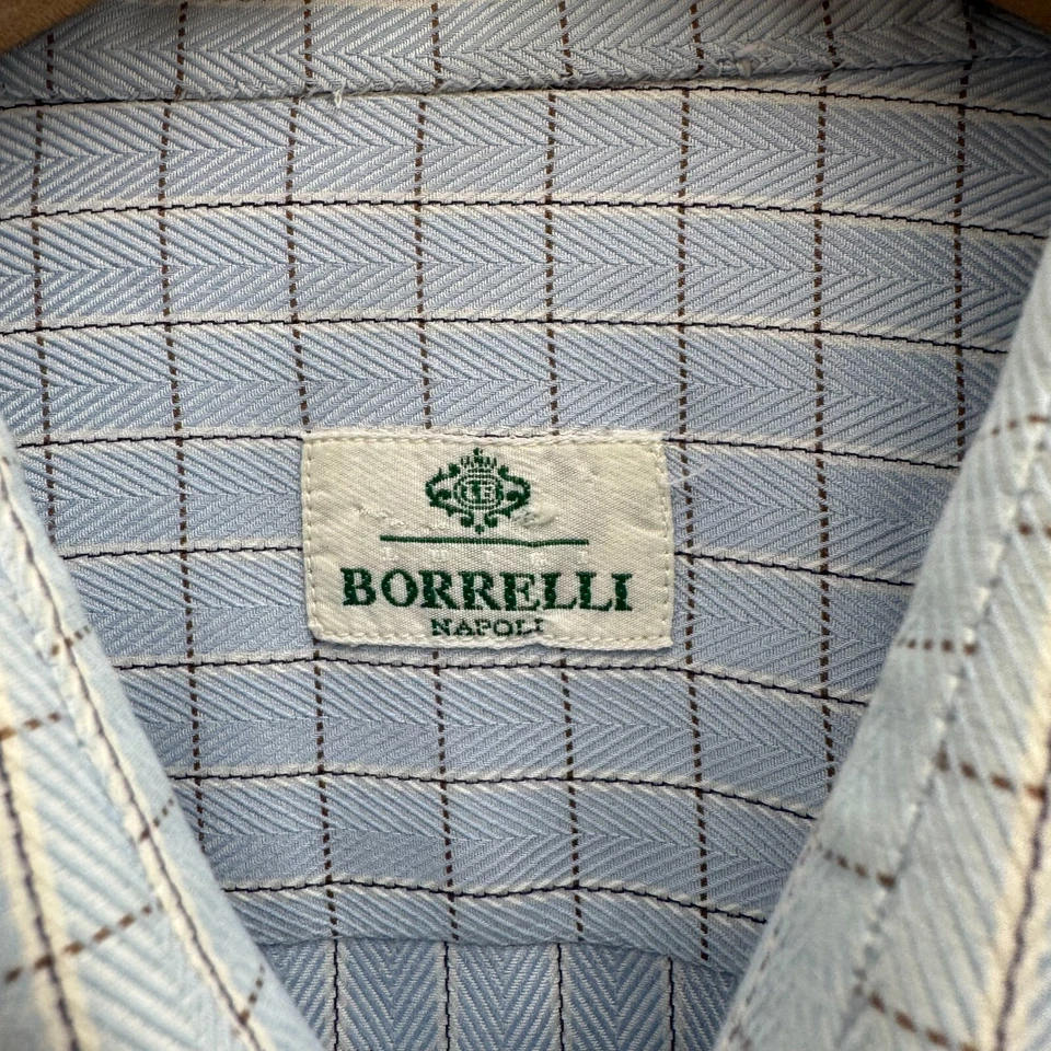 Camisa de vestir Luigi Borrelli Bapoli para hombre ~L azul a cuadros manga larga hecha en Italia Foto 2 de 4