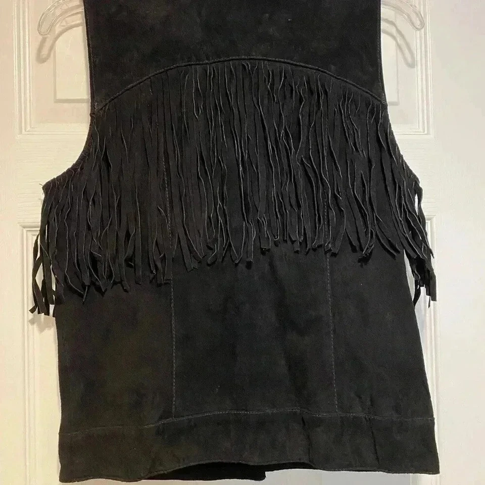 Chaleco con flecos de cuero para mujer negro forrado con cremallera boho occidental pequeño excelente estado Foto 2 de 4