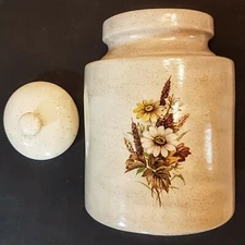 Ceramic Cookie Jar 9.5" Beige Canister with Flower Decals AS IS