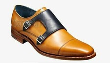 Handmade Men's Leather Genuine Tan  Blue Two Tone Double Monk Toe Cap Shoes-930