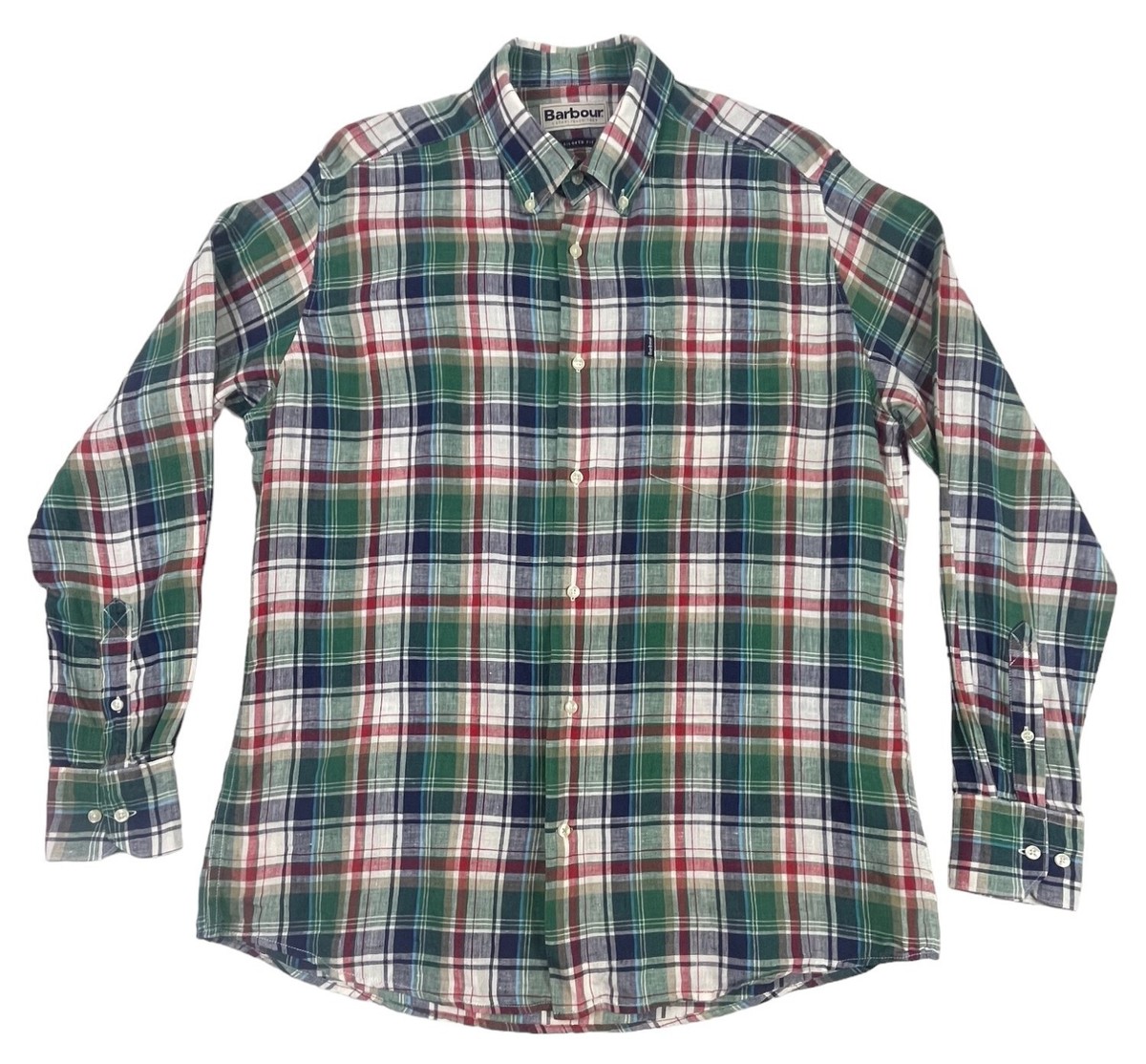 BARBOUR Shirt Tailored Fit 100% Linen Button-Up Green Western