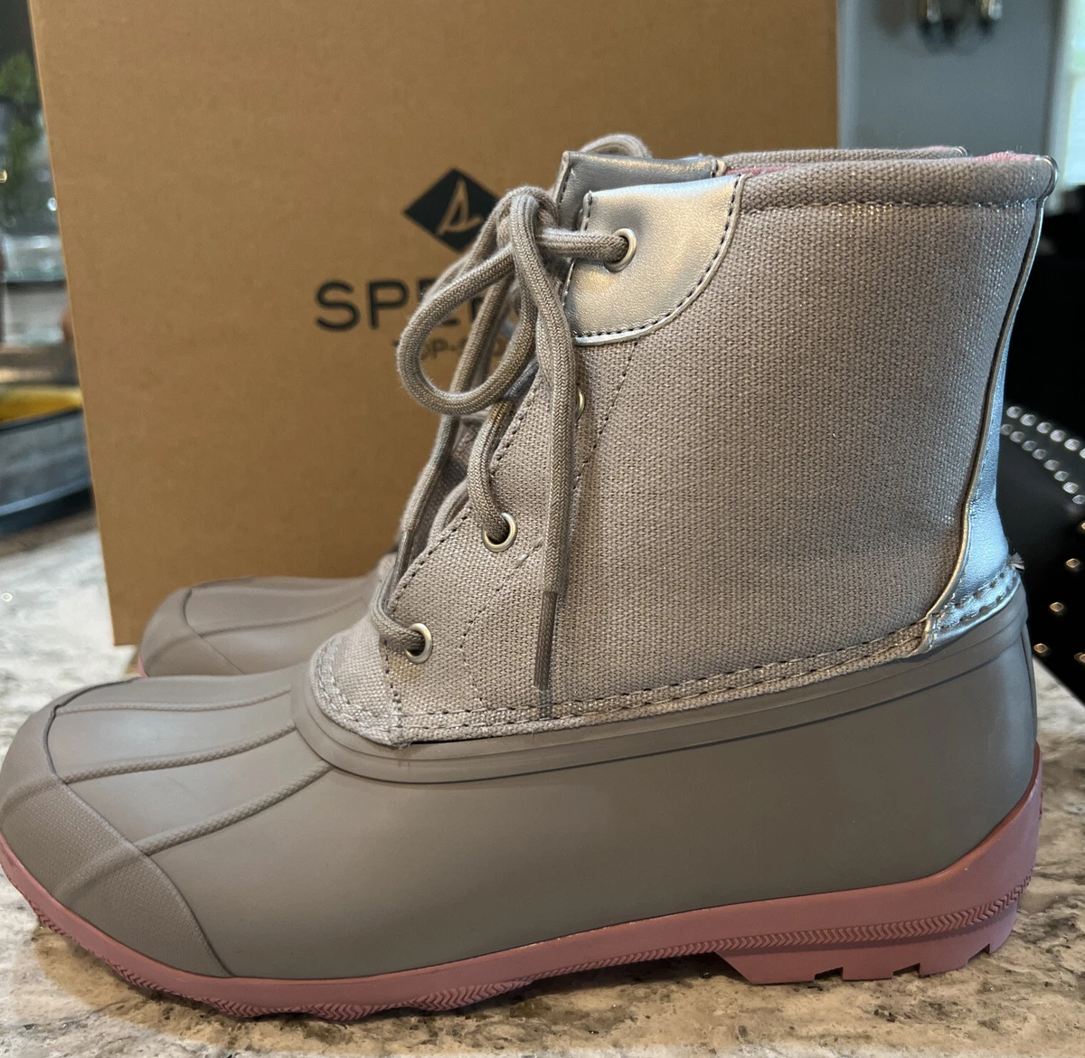 Sperry Women s Gray Pink Sparkle Port Boots Pink Size 5 Lace Up