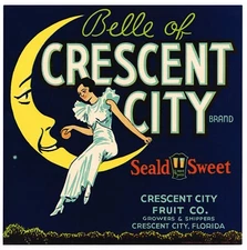GENUINE CRATE LABEL VINTAGE FLORIDA 1930S CRESCENT CITY BELLE OVER MOON 9X9" K2 