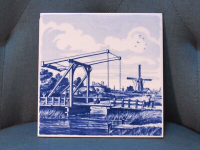 Trivet Tile Delft Holland Windmill Drawbridge Tile to Hang Vintage HTF