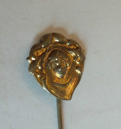 NICE ANTIQUE ESTATE GOLD PLATED ART NOUVEAU LADY'S HEAD STICK PIN - Picture 2 of 5