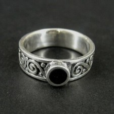 Ring Silver Black Onyx Round Stone Swirl Band Sterling 925 Size 6.5 Band Ring