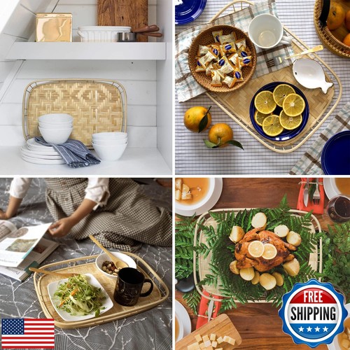 PEMAR Set of 2 Bamboo Wicker Serving Trays for Foods and Drinks, Rectangular - Picture 3 of 5