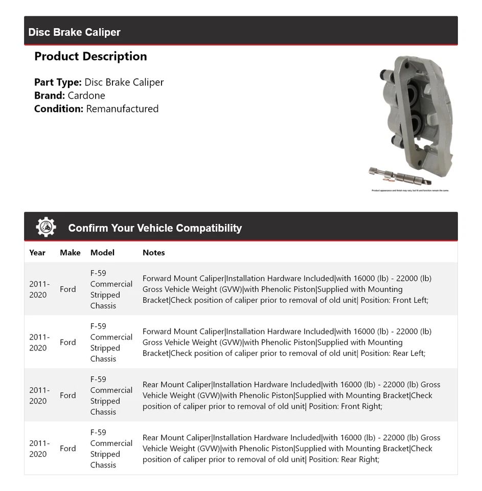 Pinza de freno de disco de chasis despojado comercial Cardone para Ford F-59 2011-2020 Foto 2 de 4
