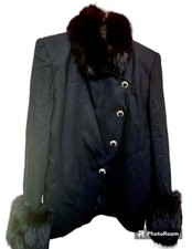 Vintage Nolan Miller Fur Trimmed Black Wool Jacket Lined Size 6 Jewel Buttons