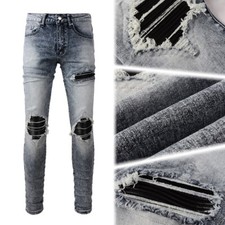 Men's Blue Skinny Stretch Jeans with Distressed Ripped PU Patches and Faded Wash