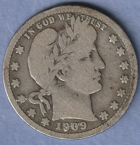 1909 P SILVER BARBER QUARTER. VERY GOOD. LI 1/2 B AND 1/2 T Y VISIBLE. FREE SHIP