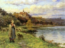 Oil painting Daniel-Ridgway-Knight-Woman-by-the-Water shepherdess with sheep art