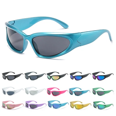 Men Women Wrap Around Sunglasses Trendy Punk Oval Sports Shades Sun Glasses - Image 1 of 4
