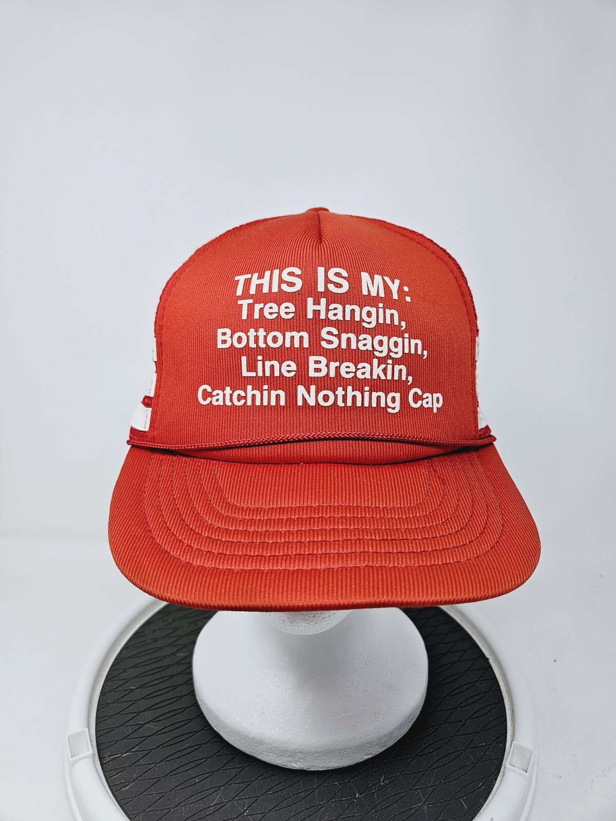 Vintage Funny Fishing Mesh Trucker 3 Stripe Snapback Hat 80s Used FAST SHIPPING