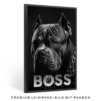 Wandbild Leinwand mit Rahmen , Tier Pit Bull Hund , BOSS text , Home Kunst Deko