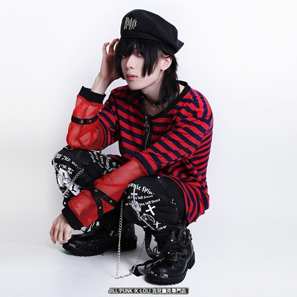Y2K Punk Visual Kei Rock cross Charm unisex Striped 1/4 zip Y2K Punk Visual Kei Rock cross Charm unisex Striped 1/4 zip