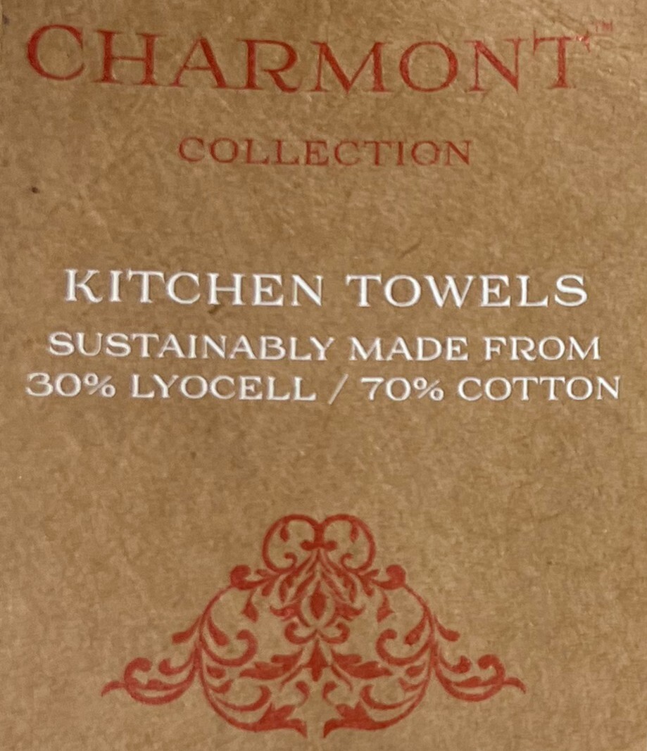 4PK New CHARMONT Reverse Terry Kitchen Towels Christmas Stamps Khaki Green Multi