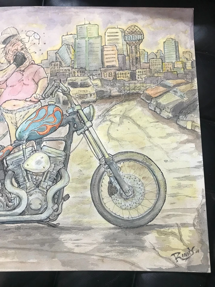 Pintura dibujo tinta motocicleta enmarcada arte motociclista harley davidson Foto 2 de 3