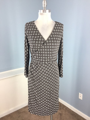 Ann Taylor LOFT S Taupe Gray Geo Print Dress Knit Career Casual Faux Wrap |  eBay
