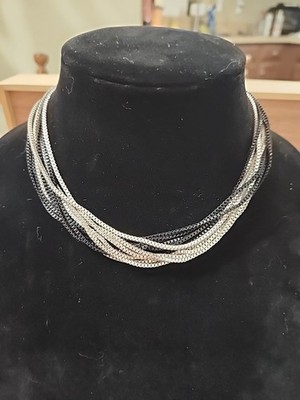 Sleek Silver & Black Box Chain Necklace Multi-Strand Modern Or Gothic 