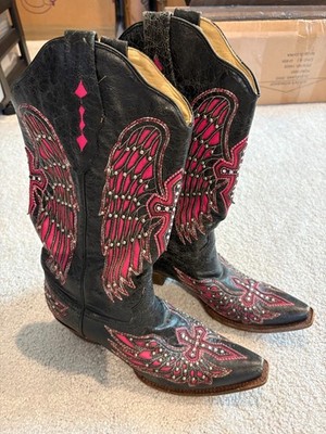 Corral Vintage Boots Snip Toe Black Pink Cross Cowgirl Size 10.5M Rhinestones