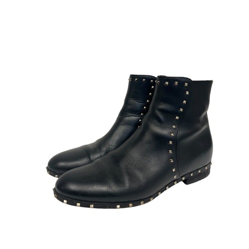 VALENTINO Black Leather Rockstud Accent Zip Up Ankle Boots Size EU 37 US 7 - Picture 2 of 9