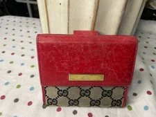 Gucci Vintage Red Leather & GG Monogram Canvas Bifold Wallet with Coin Pocket
