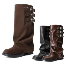 Botas hasta la rodilla plegables para mujer tacón bajo pantorrilla ancha bota holgada