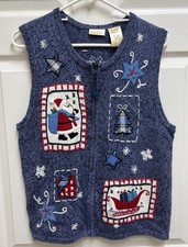 Bobbie Brooks Size M Christmas Holiday Sweater Vest Santa Sleigh Zip Up Vintage