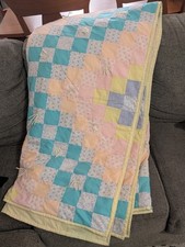 Pastel Patchwork Quilt Homemade Hand Tied Cotton Fabric 96"X96" Cute Girls Room