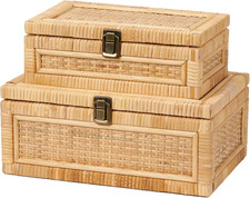 2PCS Rattan Box with Lid Decorative Natural Handmade Boho Baskets Woven Wicker C