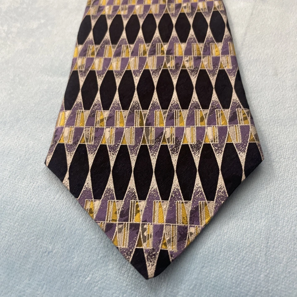 Corbata de seda Via Mangoni vintage años 90 púrpura negra diamante geométrico occidental 58" Foto 4 de 4