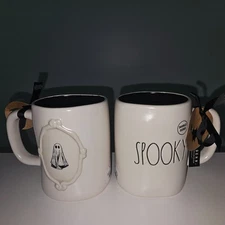 Rae Dunn farmhouse frame ghost spooky white mugs (set of 2) NWT HTF