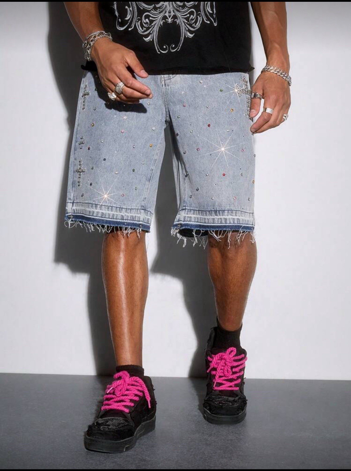 NEW PE Men's Blue Full Rhinestones Denim High Street Fashion