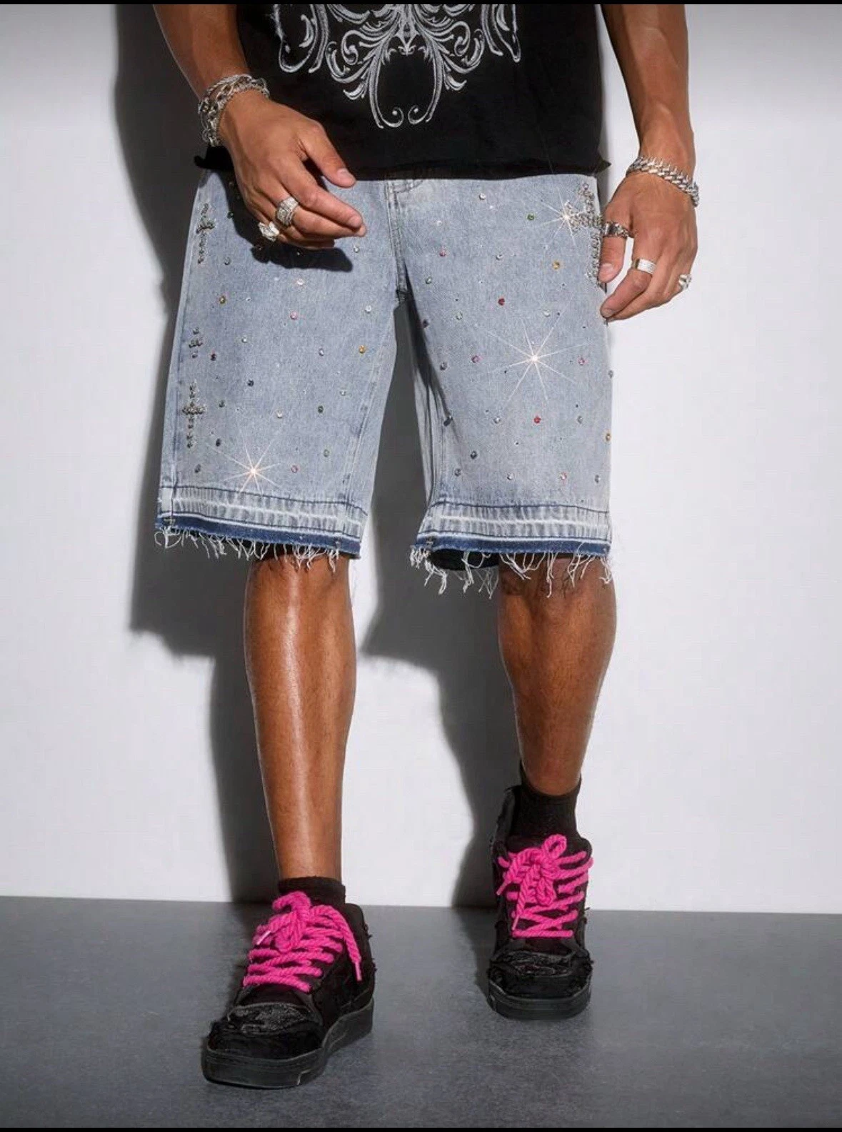 NEW PE Men's Blue Full Rhinestones Denim High Street Fashion Shorts HOT 28-40