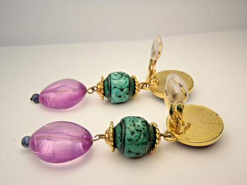 Pendientes colgantes vintage azul verde púrpura clip años 80 3" de largo - Imagen 14 de 15