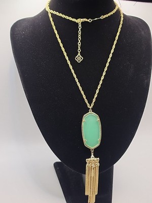 Kendra Scott Rayne Necklace Pink Green Quartz Gold Pendant Tassel Long Layering 