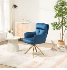 Blue Velvet Office Desk Chair Modern Accent Vanity Chair with Gold Metal Legs