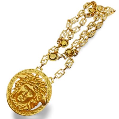 Vintage Gianni Versace Runway necklace with oversized Medusa face pendant top.